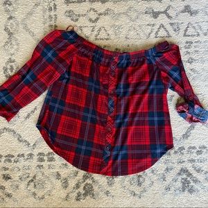 Plaid low shoulder top